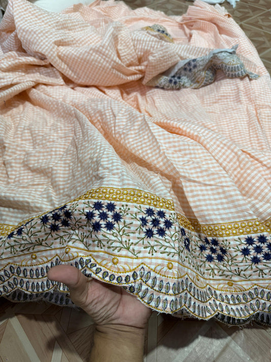 Summer Peach Cotton Gingham Embroidey Wrinkle-Free 58” Premium Seersucker Fabric