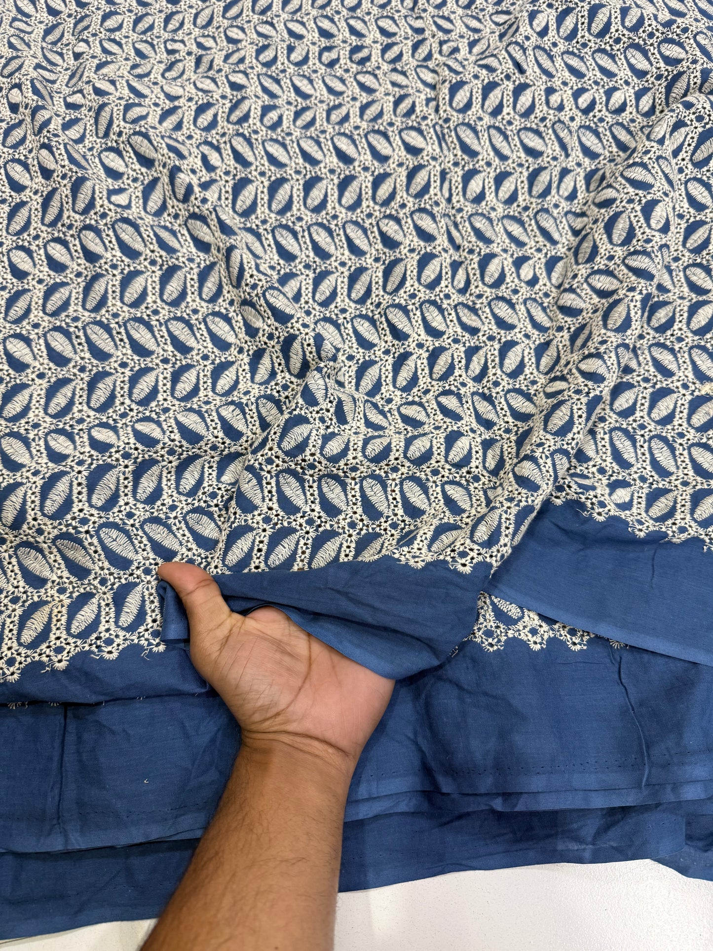 Buy Cotton Hakoba Navy Blue Box Leaf Embroidery