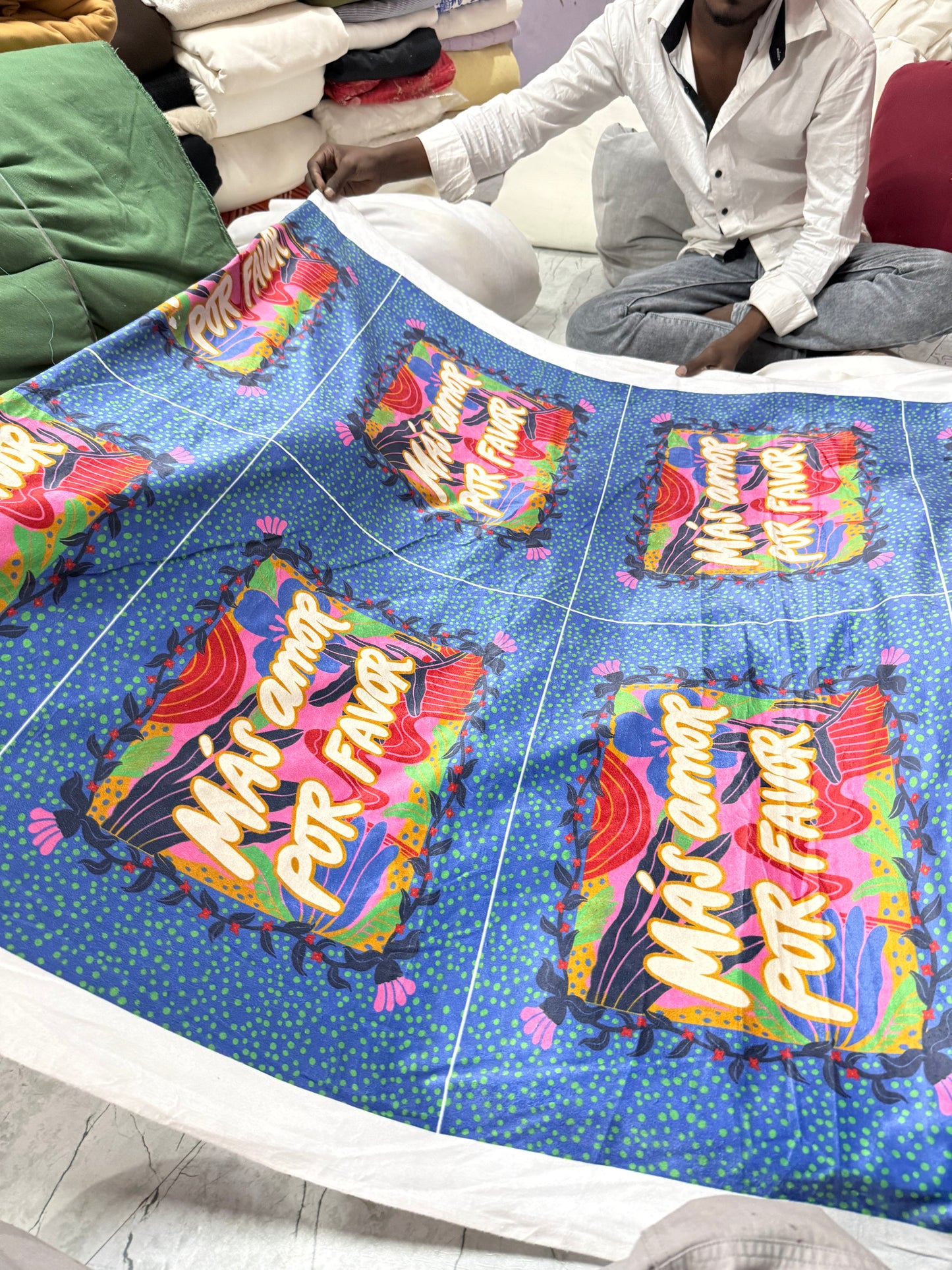 Buy Cotton Velvet Blue Base Typography Printed Fabric