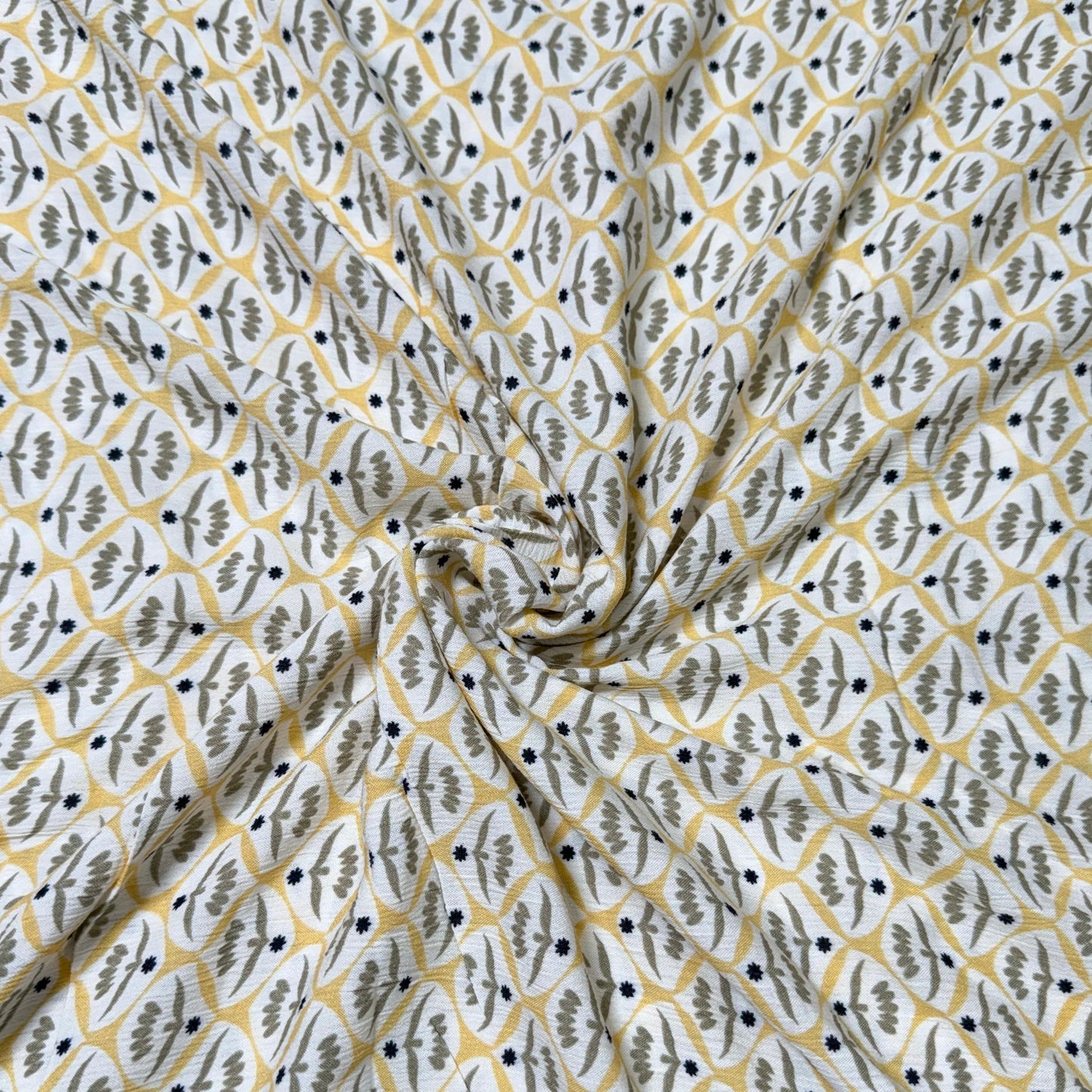 Buy Crinkled Crepe White Base Quatrefoil Printed Fabric