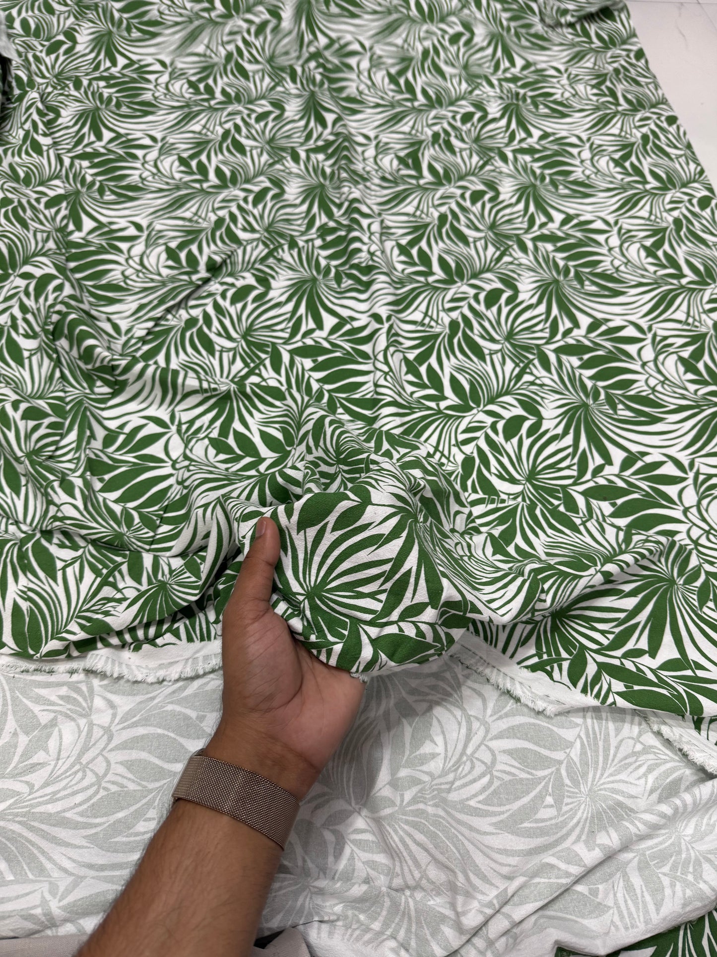 Buy Cotton Linen Bright Green Leaf Printed Fabric