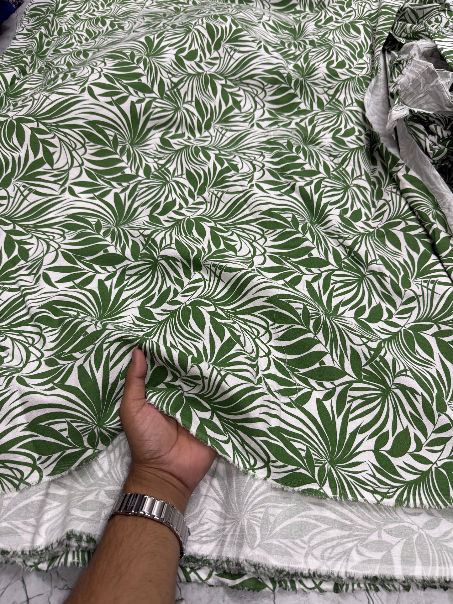 Buy Crimp Cotton Bright Green Leaf Printed Fabric
