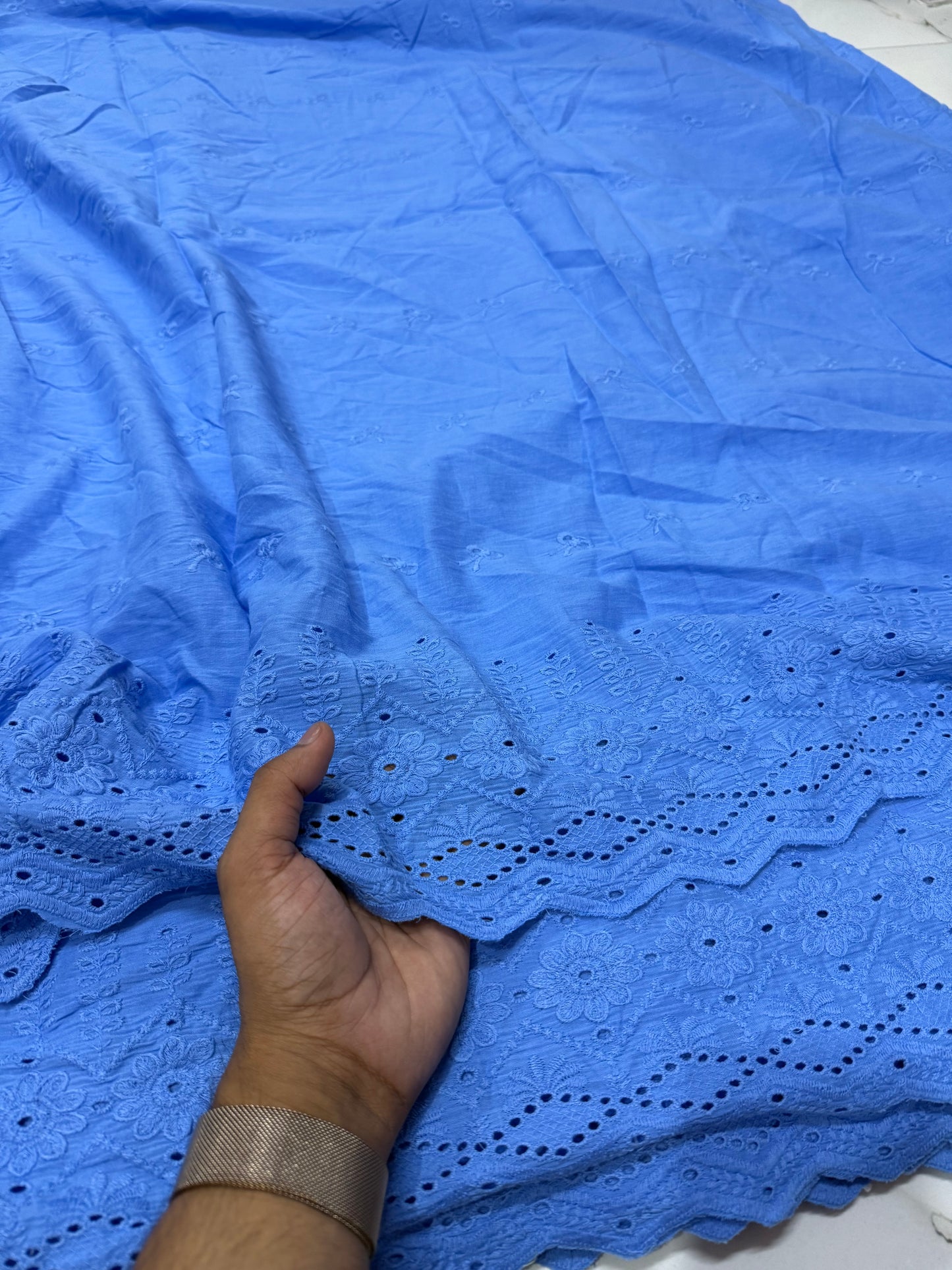 Buy Cotton Hakoba Aqua Blue Diamond Border Embroidery