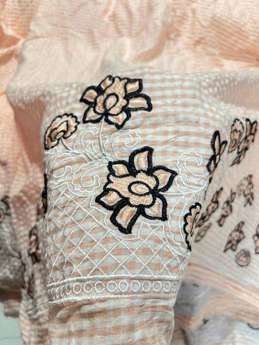 Summer Peach Cotton Gingham Peach Embroidery Fabric