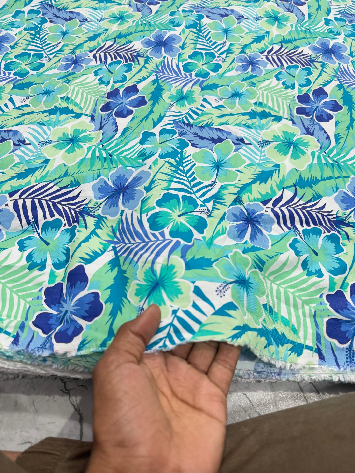 Buy Cotton Viscose Peacock Green Blue Flower Fabric