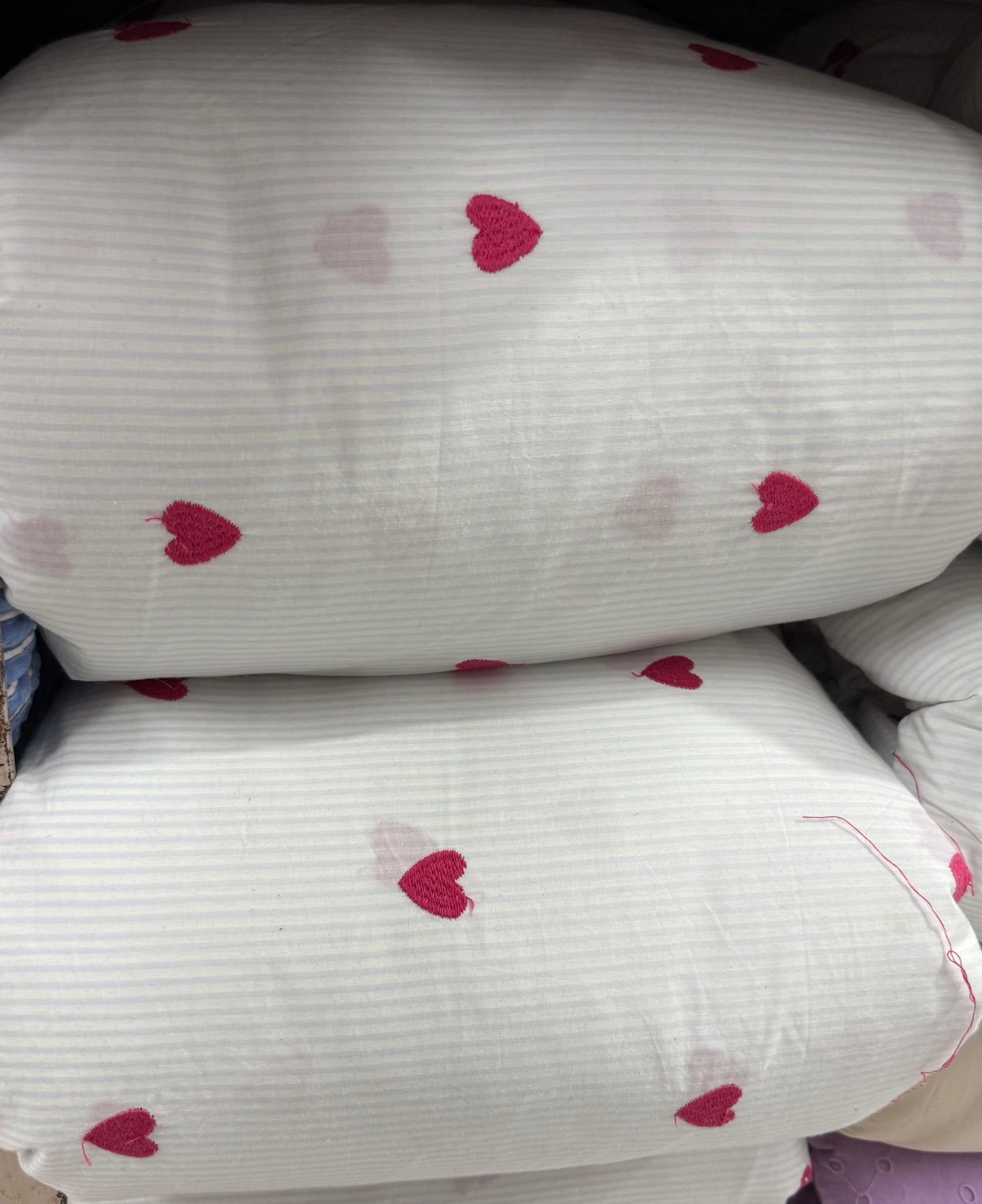 Buy Poplin Blue Stripe Heart Embroidery Fabric