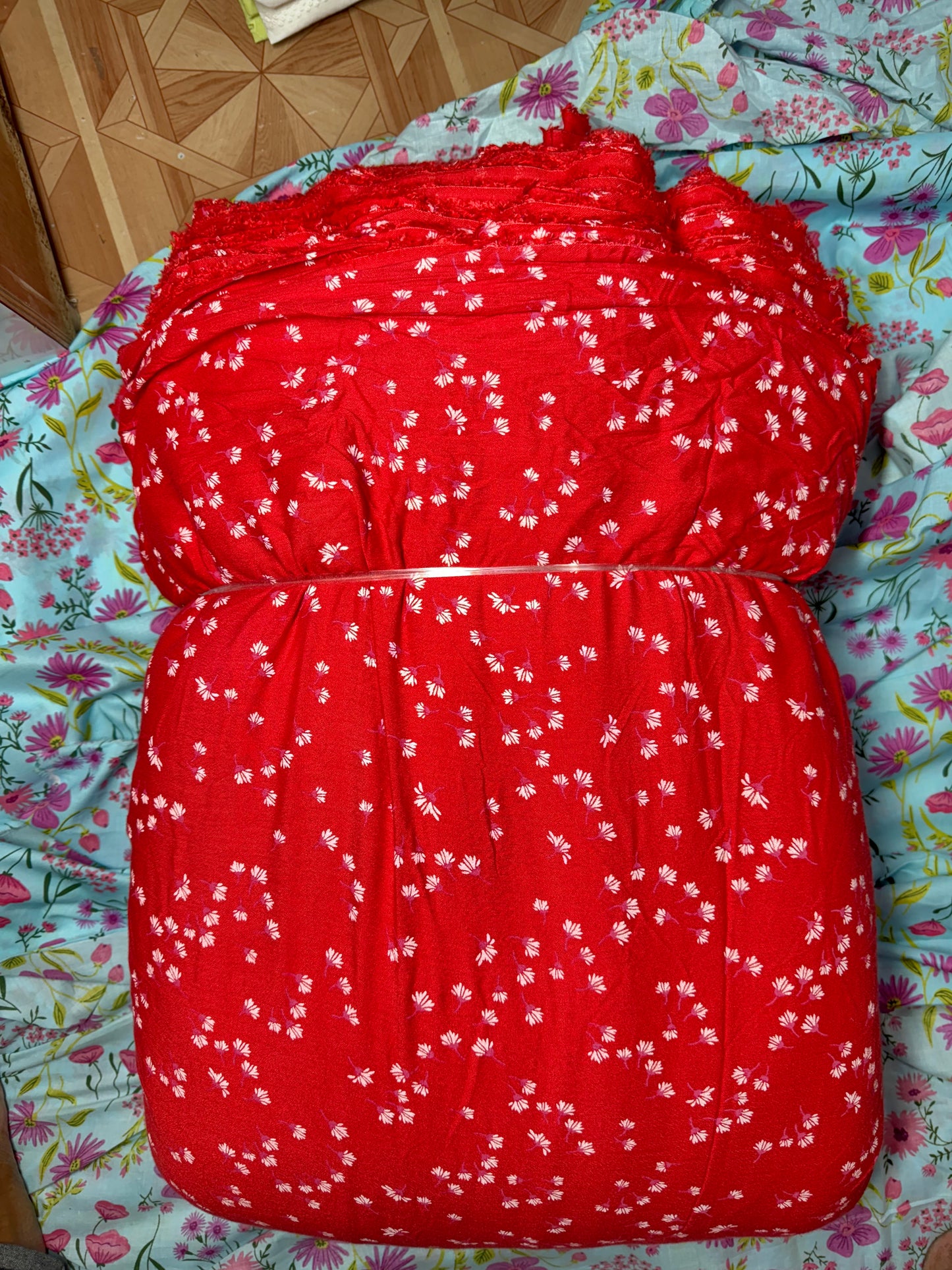 Buy Red Abstract White Design Crinkled Crepe Printed Fabric