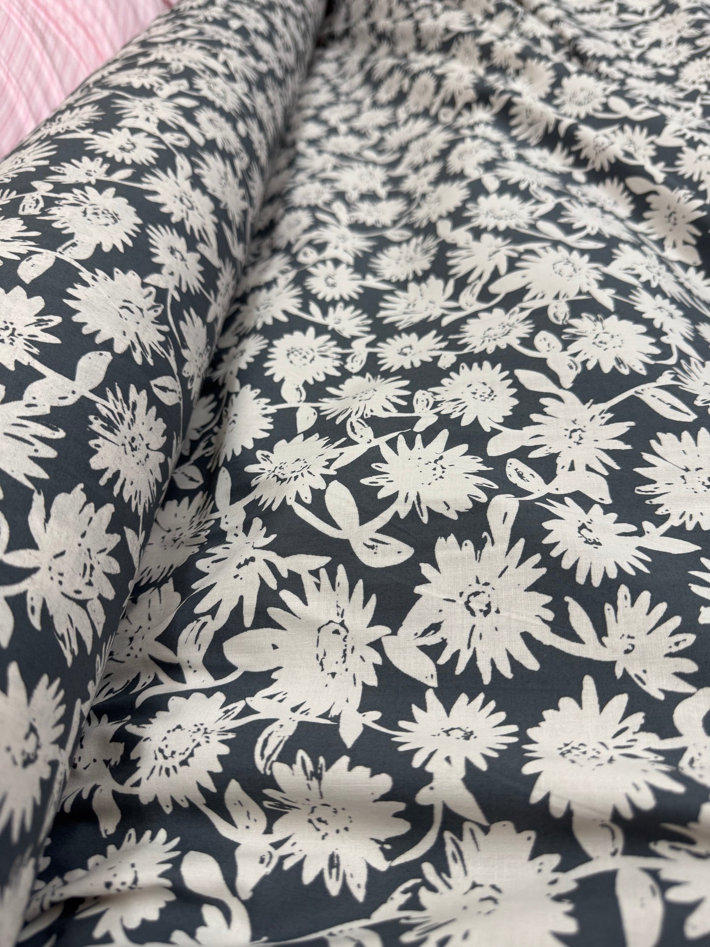 Buy Premium Soft Cotton Grey Base White Flower Printed Fabric