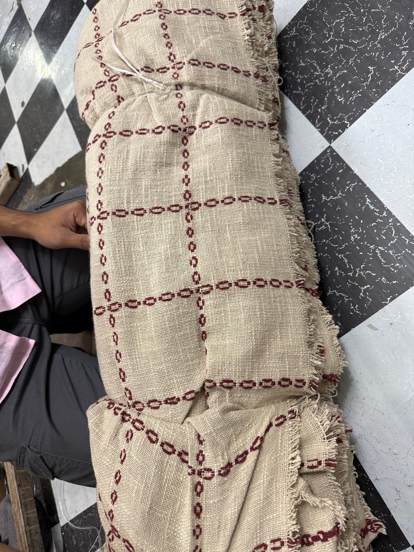 Buy Jute Cotton Linen French Beige Red Threadwork Fabric