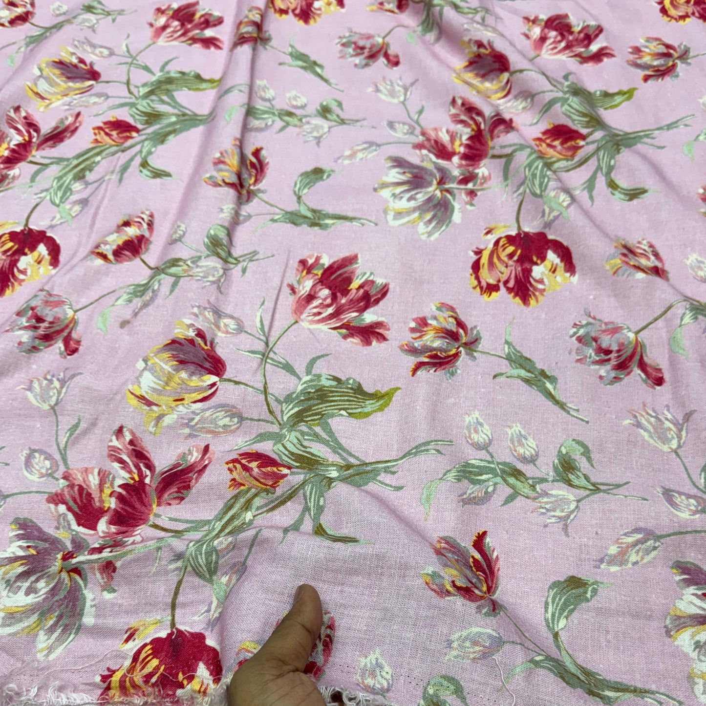 Buy Cotton Viscose Linen Pink Base Stroke Flower Printed Fabric