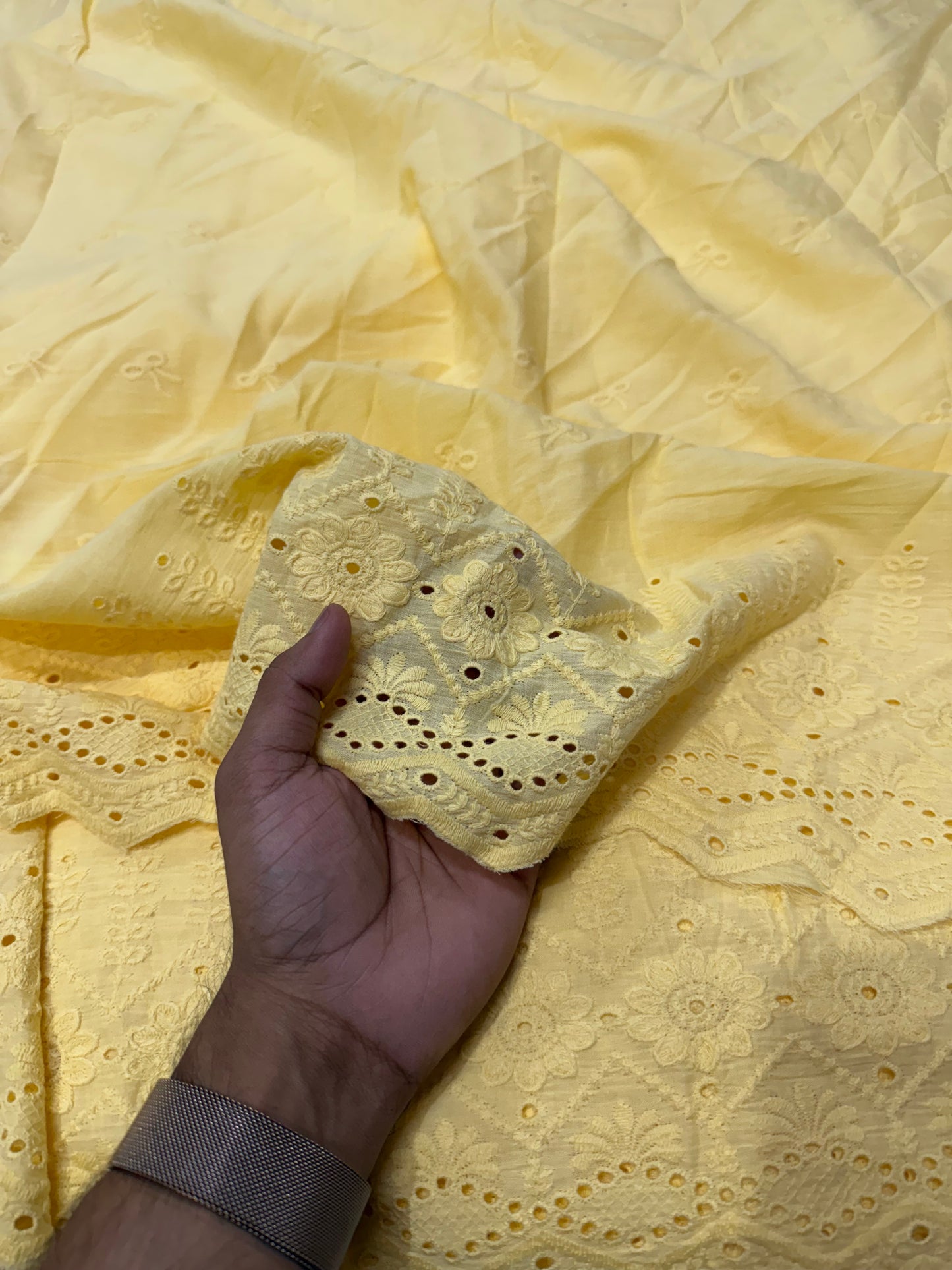 Buy Cotton Hakoba Soothing Yellow Diamond Border Embroidery