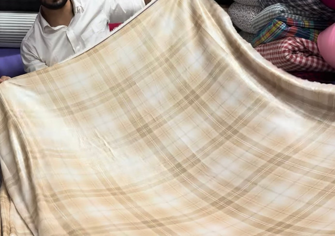 Buy Shimmer Beige White Check Shimmer Fabric - MAF