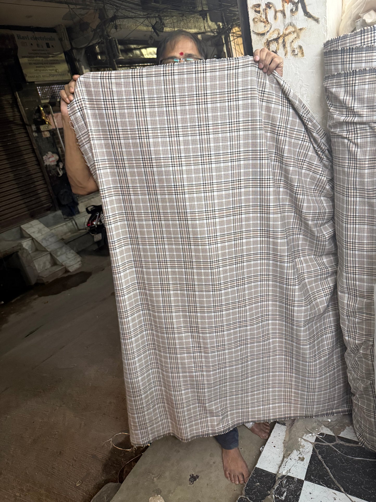 Buy Cotton Twill Beige Blue White Black Check Fabric