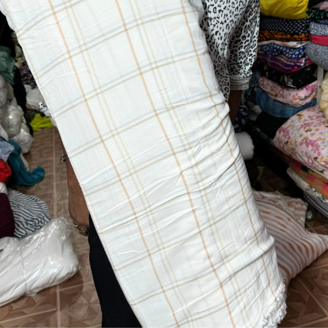 Woollen Pashmina White & Yellow Check Shirting Fabric