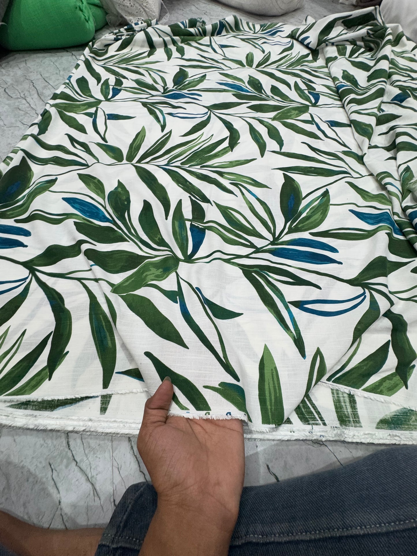 Buy Cotton Linen Summer Green Leaf Printed Fabric
