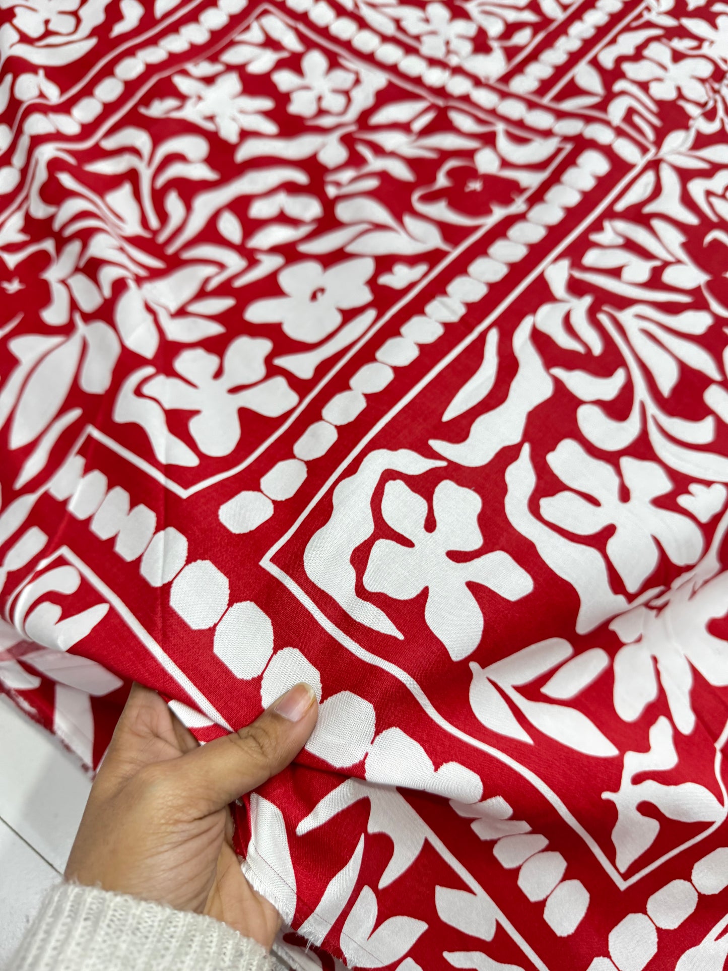 Buy Mul Cotton Red Base White Panel Printed Fabric