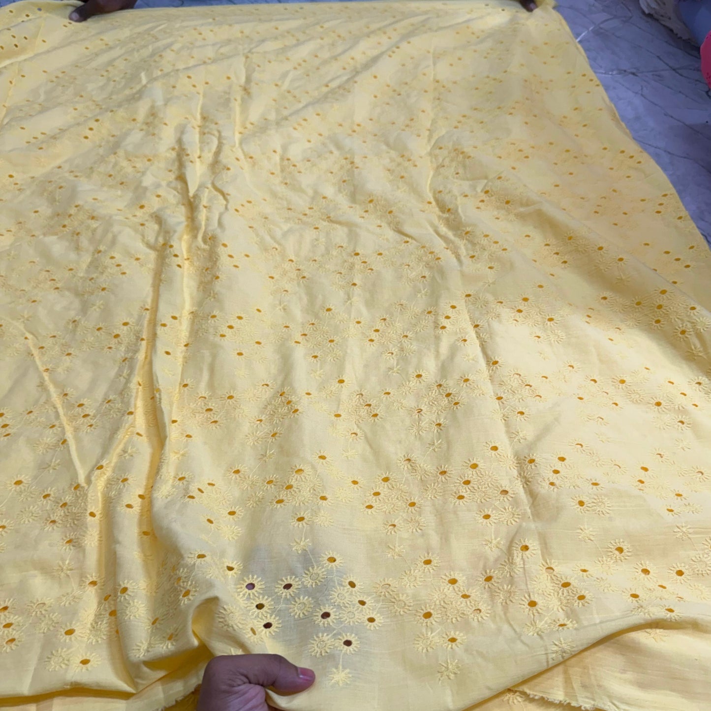 Buy Cotton Pastle Yellow Hakoba Star Phool Embroidery Fabric