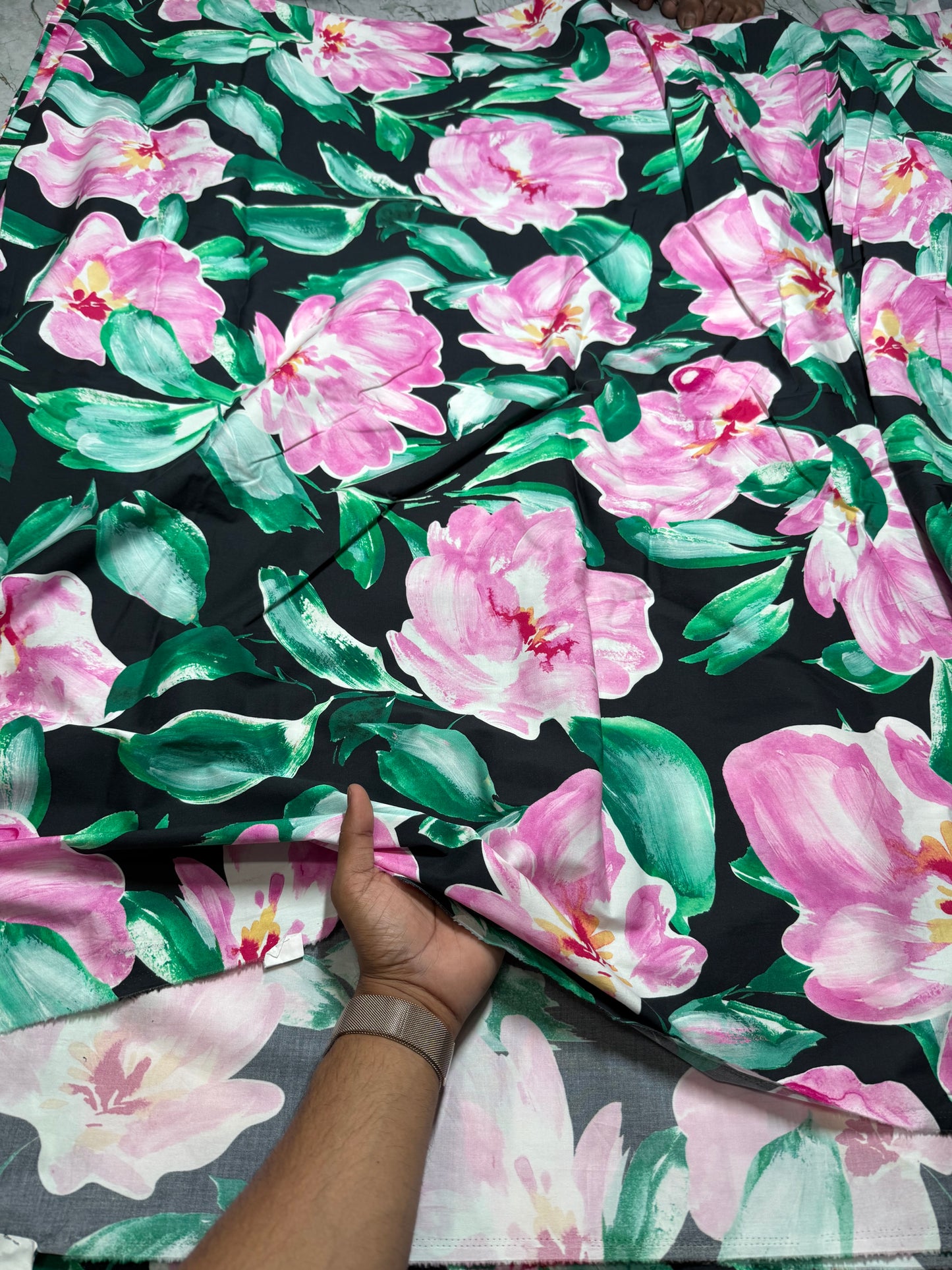 Buy Poplin Lycra Pink Green Rose Printed Fabric