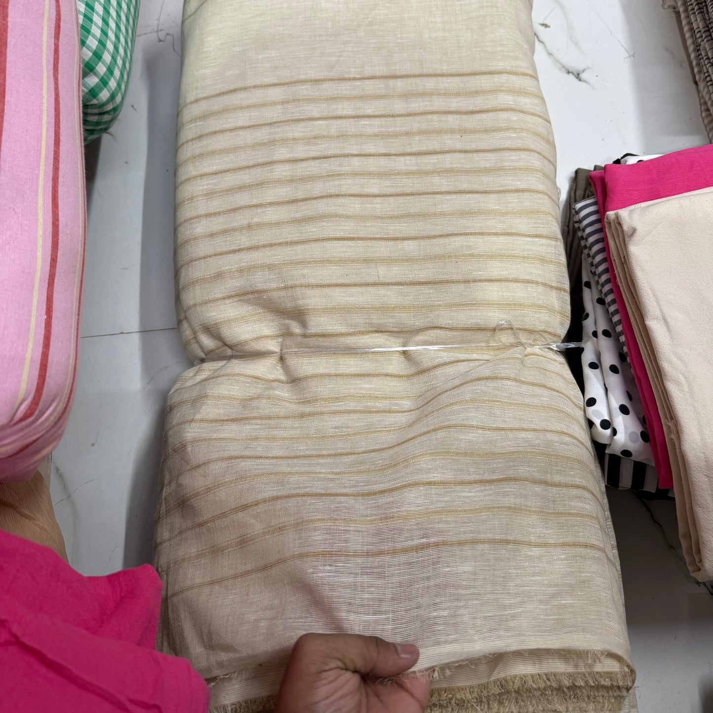 Buy Pure Linen Ivory Base Beige Stripe Fabric