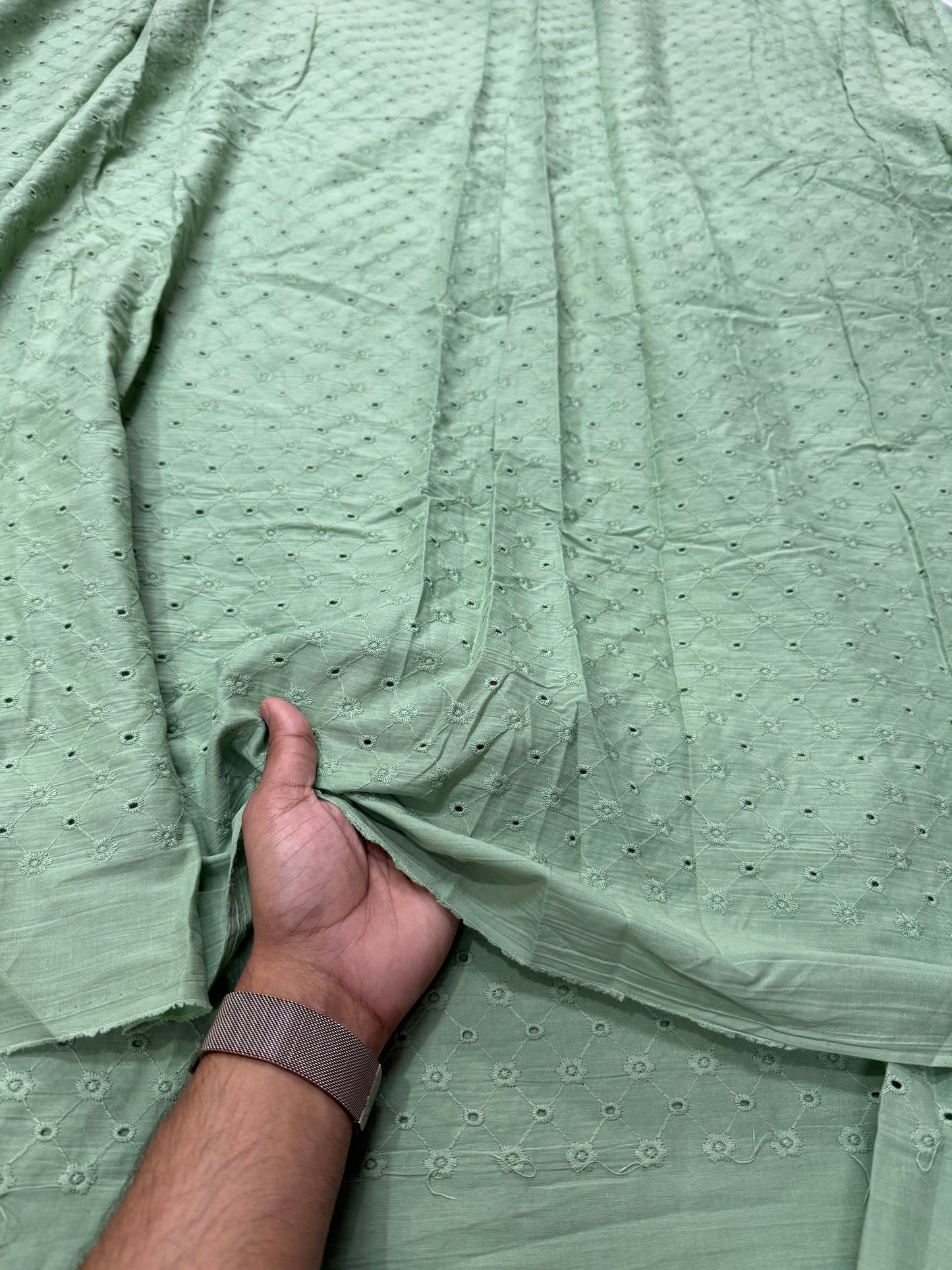 Buy Cotton Hakoba Sage Green Zig Zag Pattern Embroidery