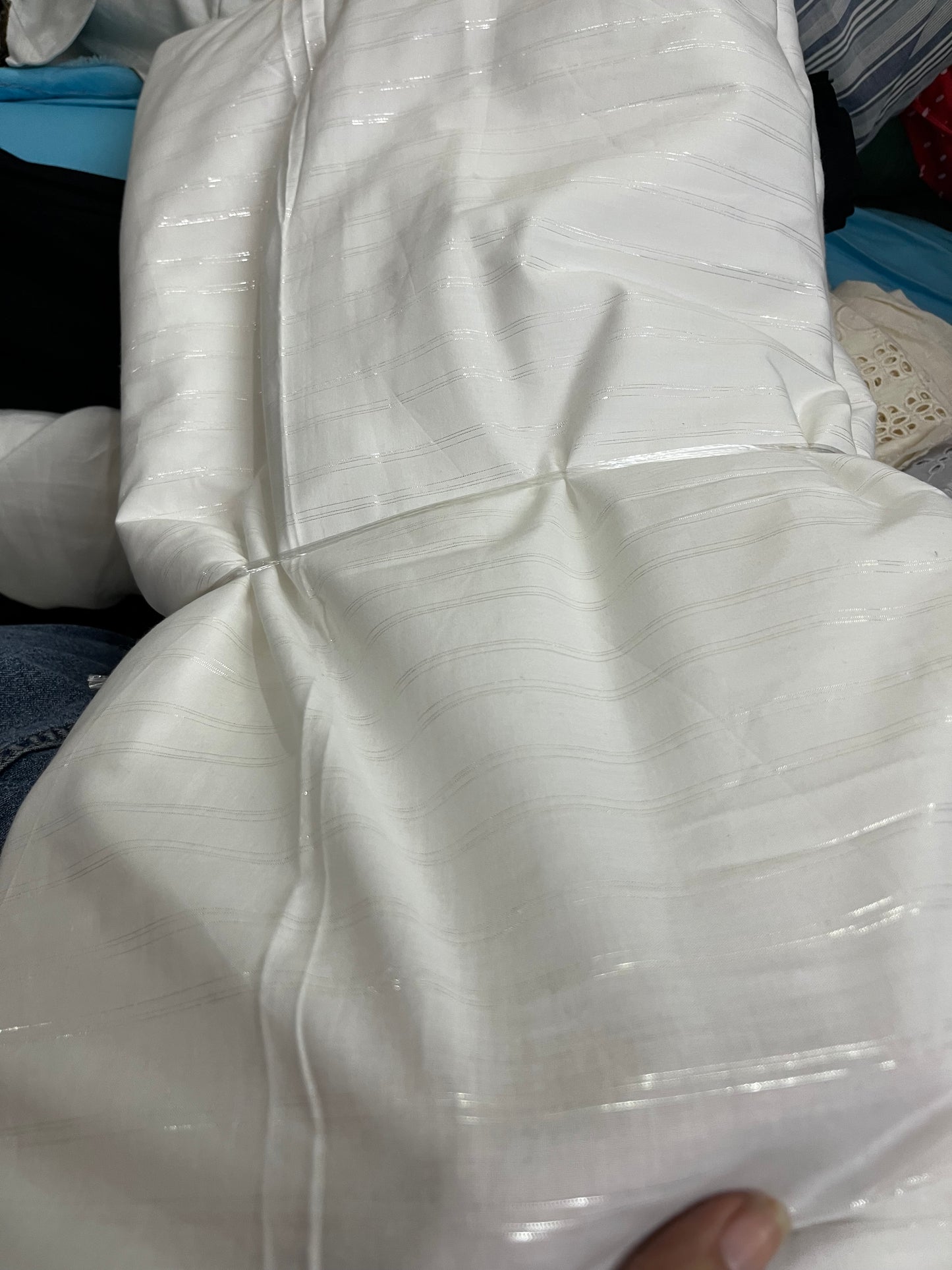 Buy Mul Cotton Bleach White Base Lurex Stripe Fabric