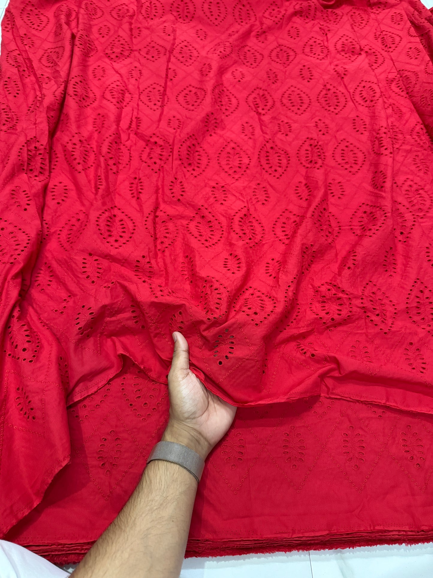 Buy Hakoba Red Poplin Eye Cutwork Embroidery Fabric