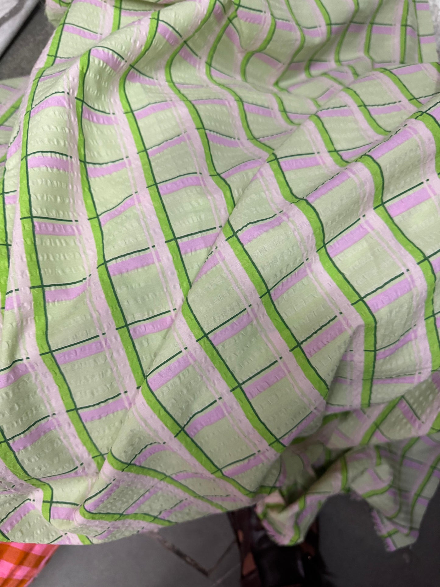 Premium Seersucker Neon & Lilac Check Fabric