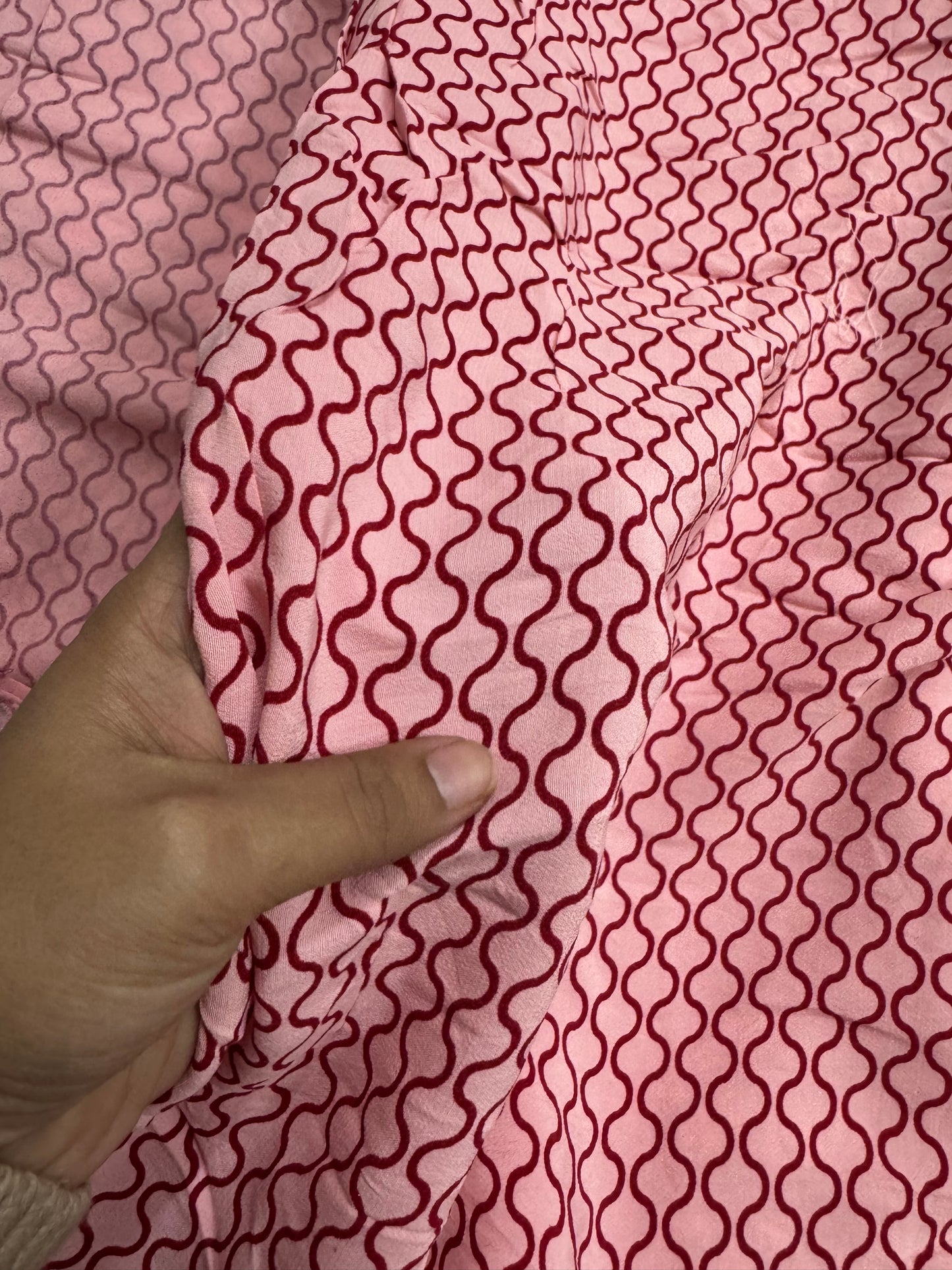 Buy Viscose Crepe Red Damask Pink Base Printed Fabric