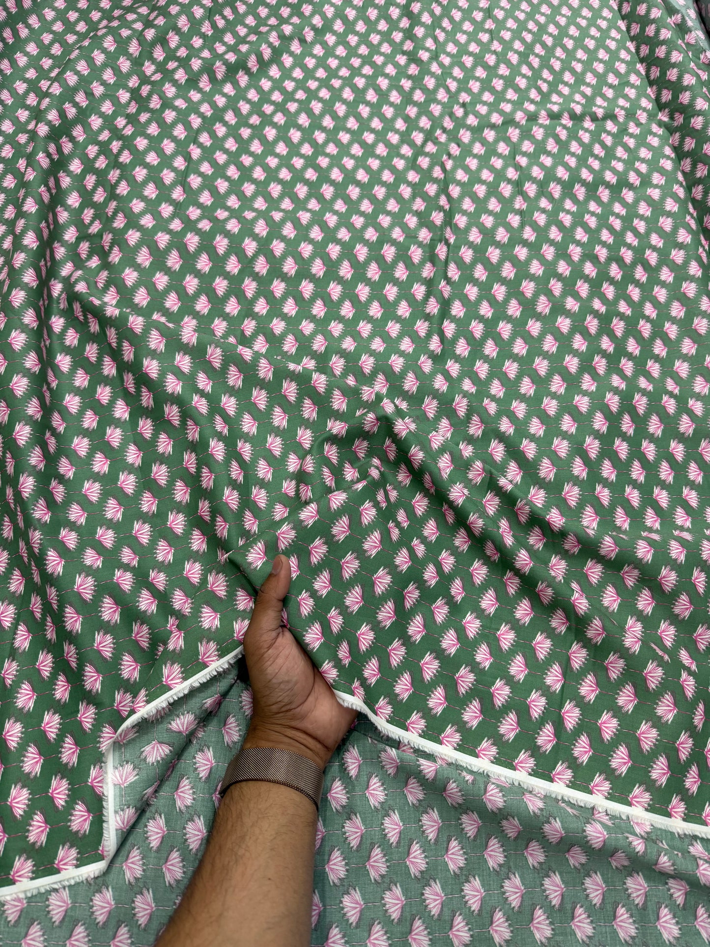 Buy Mul Cotton Green Base Fan Flower Printed Fabric - MAF