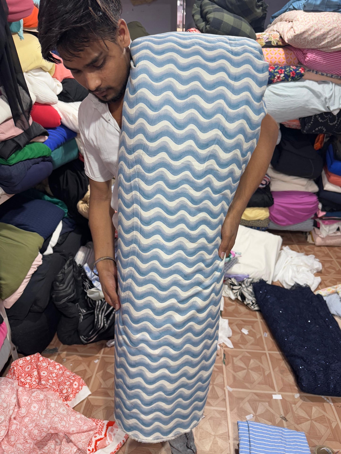 Buy Premium Cotton Linen Wave Blue Shade Fabric