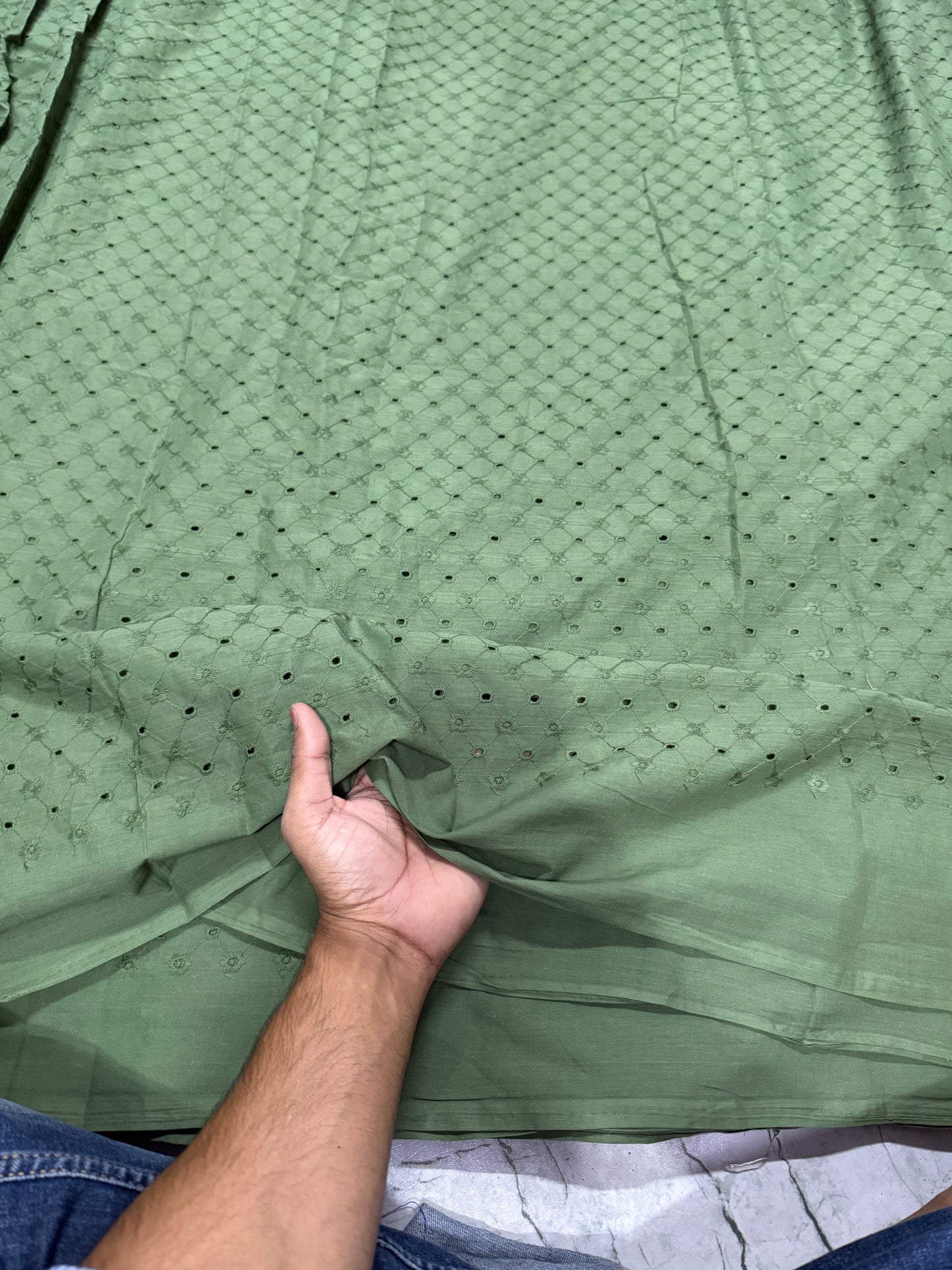 3D Cotton Hakoba Avocado Green Zig Zag Pattern Embroidery