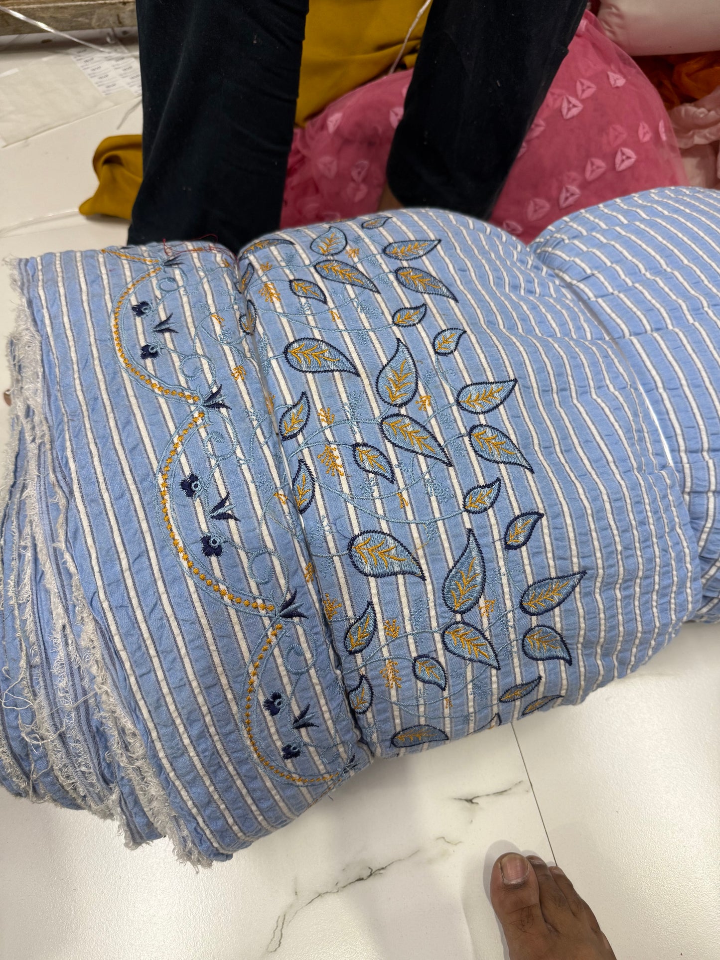 Premium Seersucker Formal Blue Stripe Paisley Border Embroidery Fabric