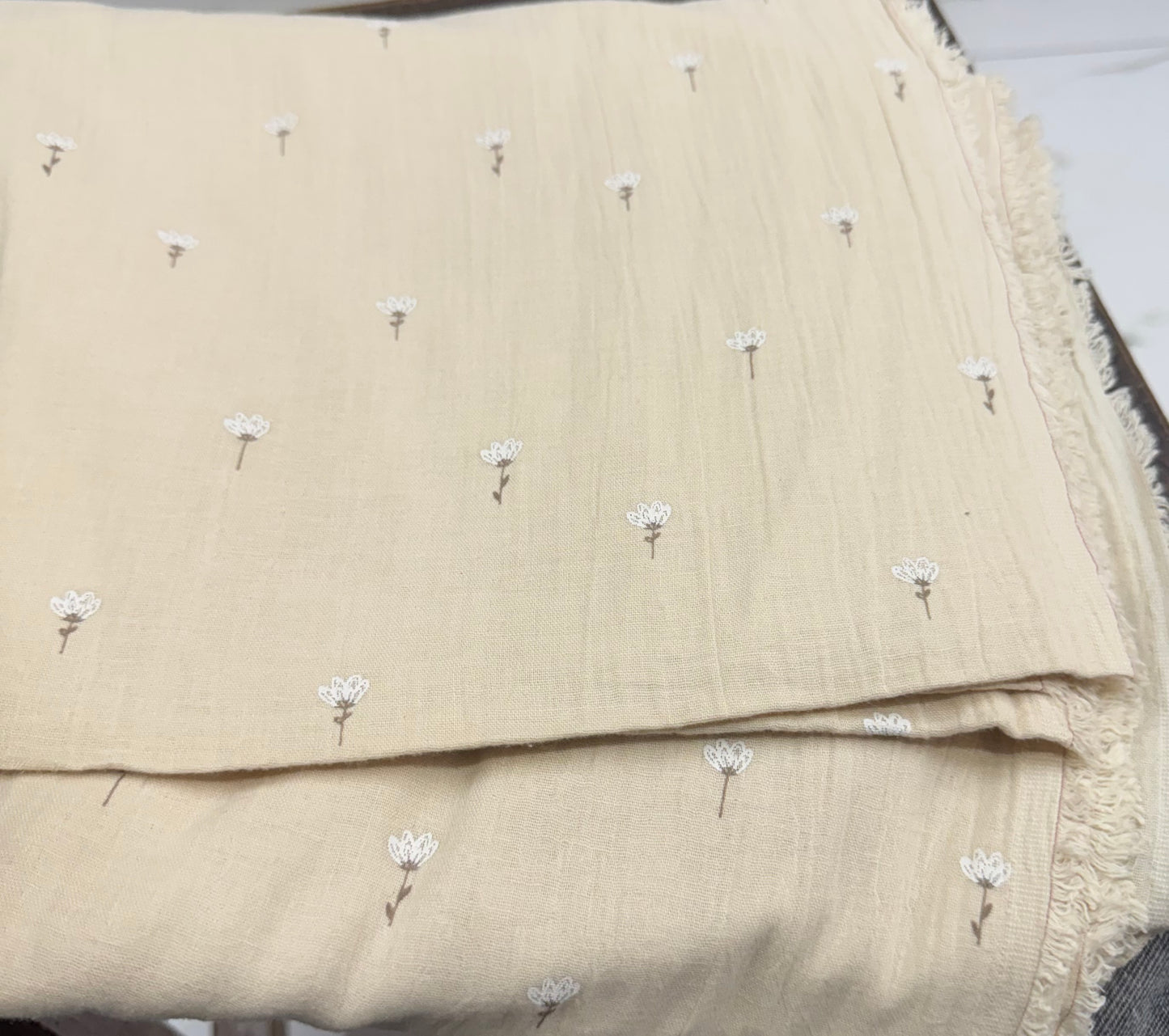 Buy Soft Cotton Double Cloth Mocha Base White Floral Fabric