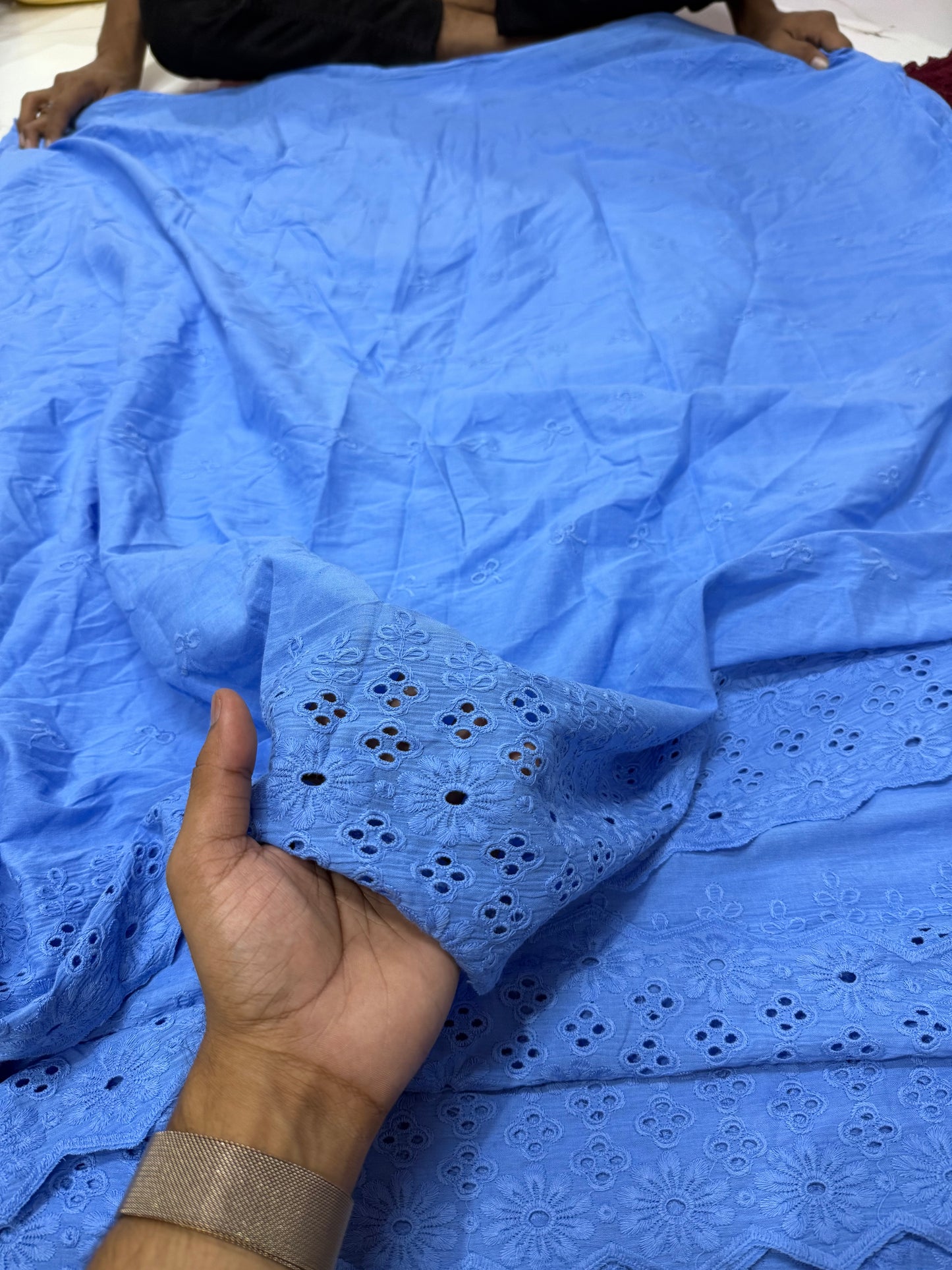 Buy Cotton Hakoba Aqua Blue 4 Flower Border Embroidery