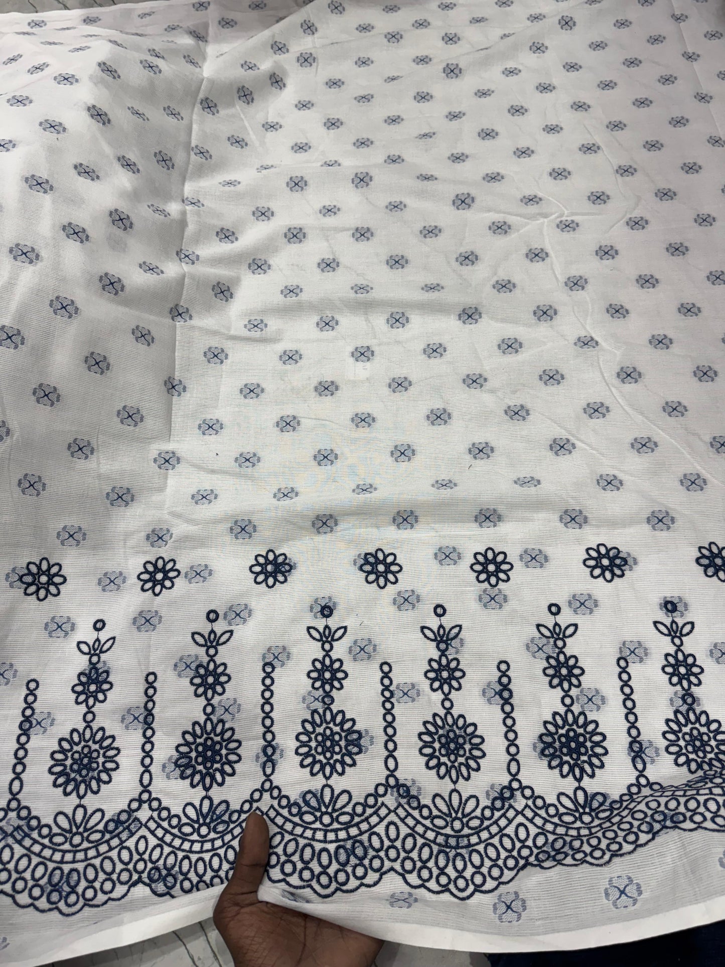 Buy Cotton Jacquard White Base Blue Butta Hakoba Fabric