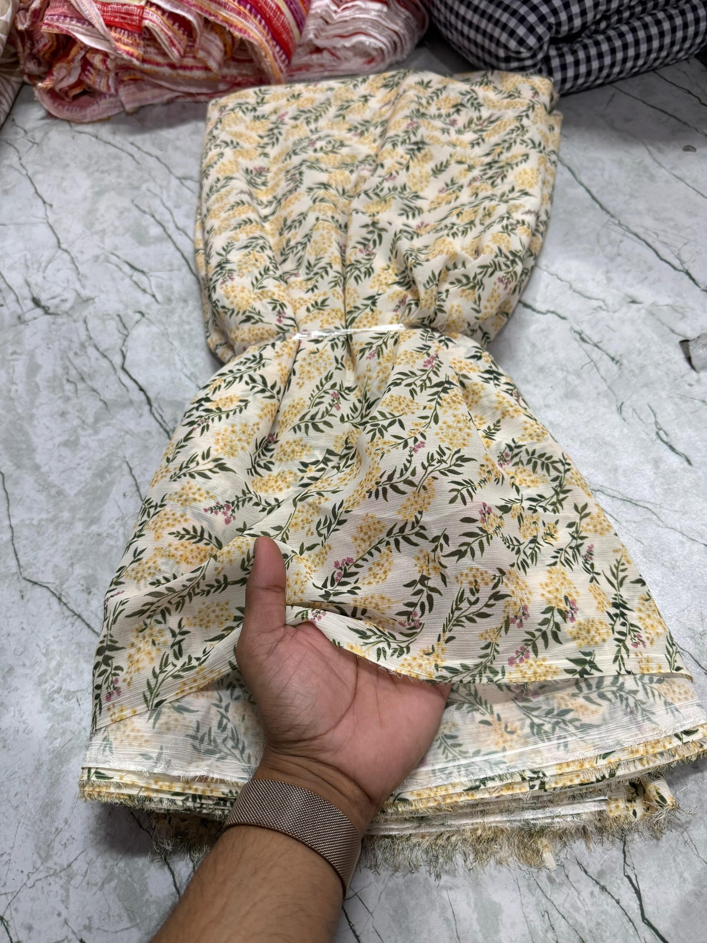 Buy Viscose Georgette Nude Yellow Floral Printed Fabric