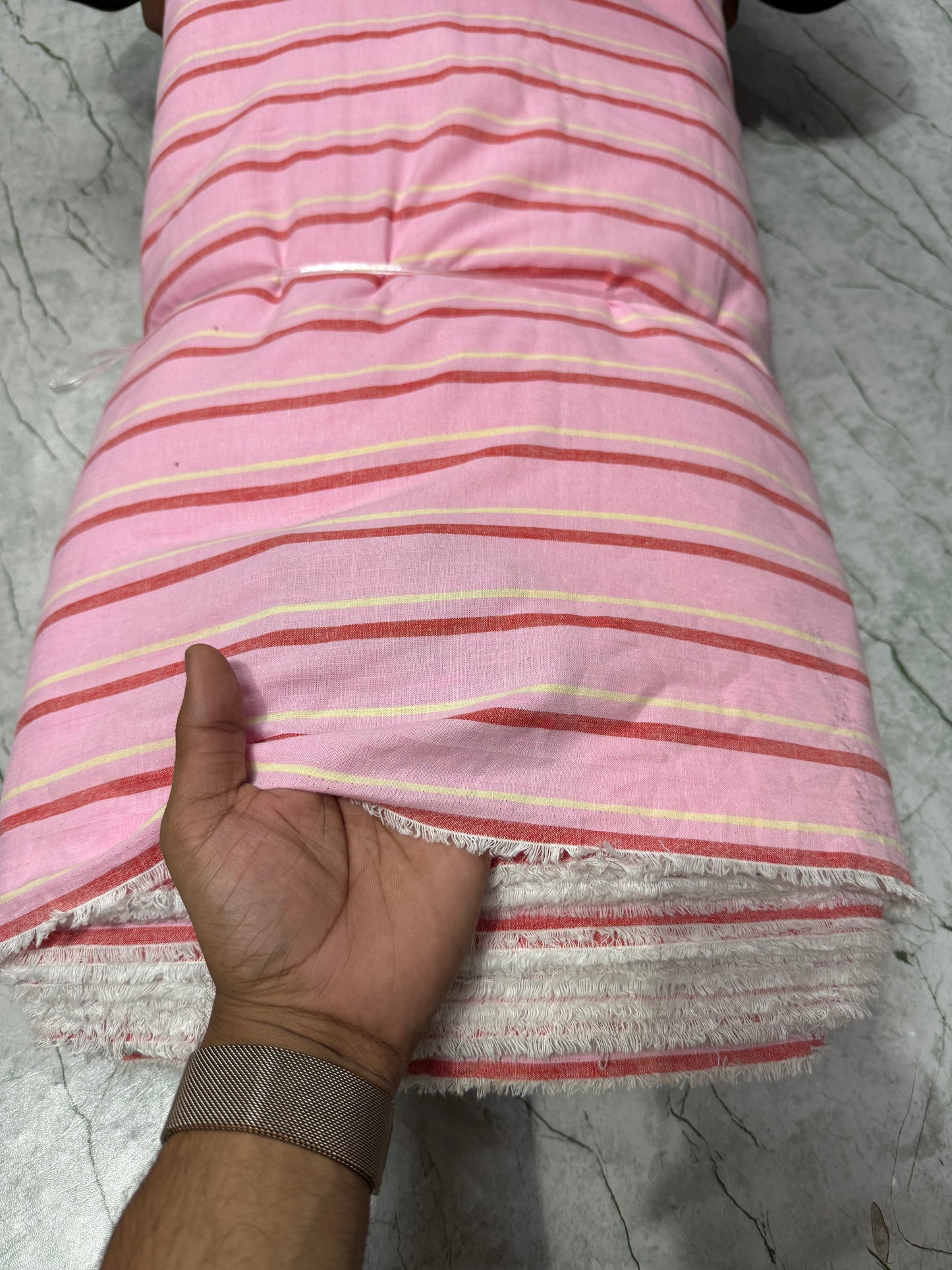 Buy Cotton Viscose Pink Base Red Stripe Printed Fabric