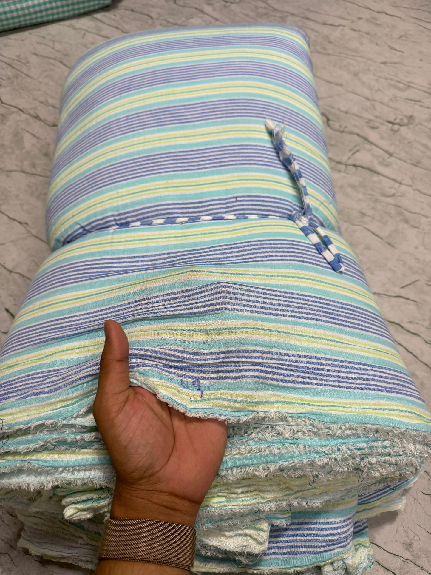 Buy Soft Cotton Double Cloth Green Blue Stripe Fabric