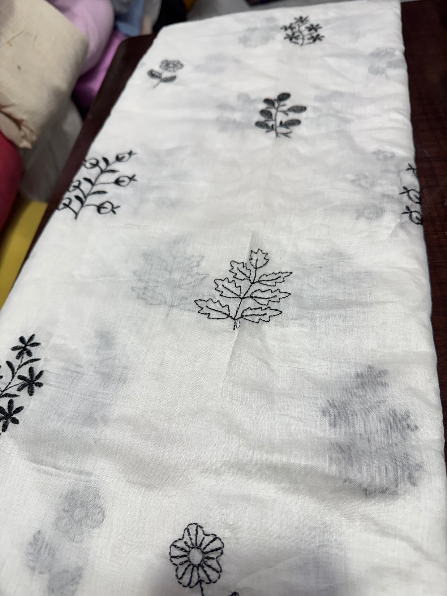 Buy White Mul Chanderi Black Embroidery Work Fabric