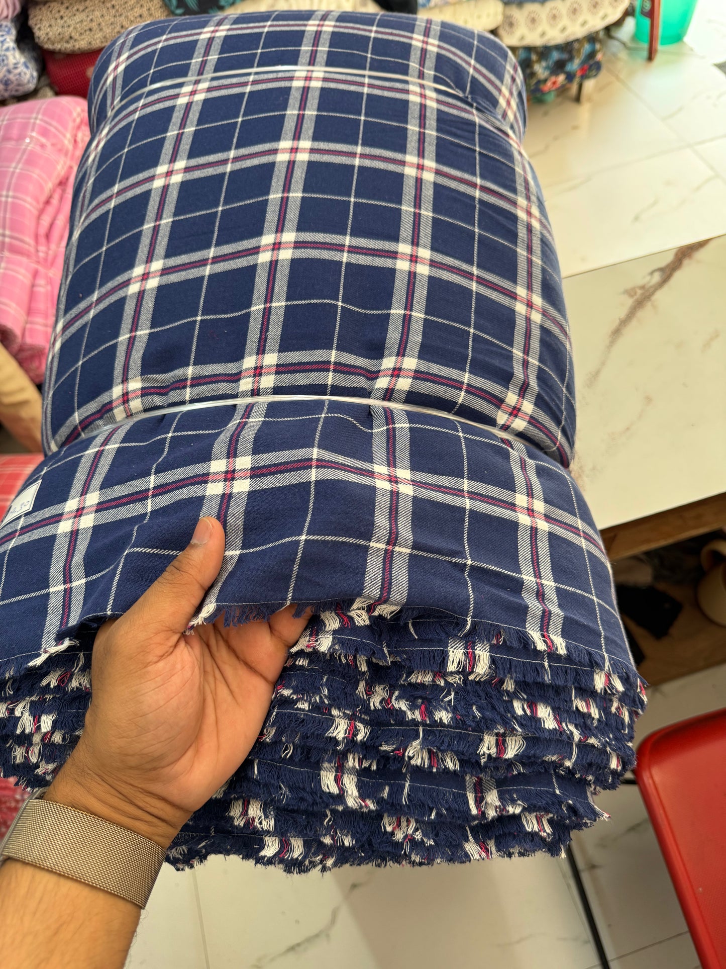 Buy Cotton Twill Blue Beige Check Fabric