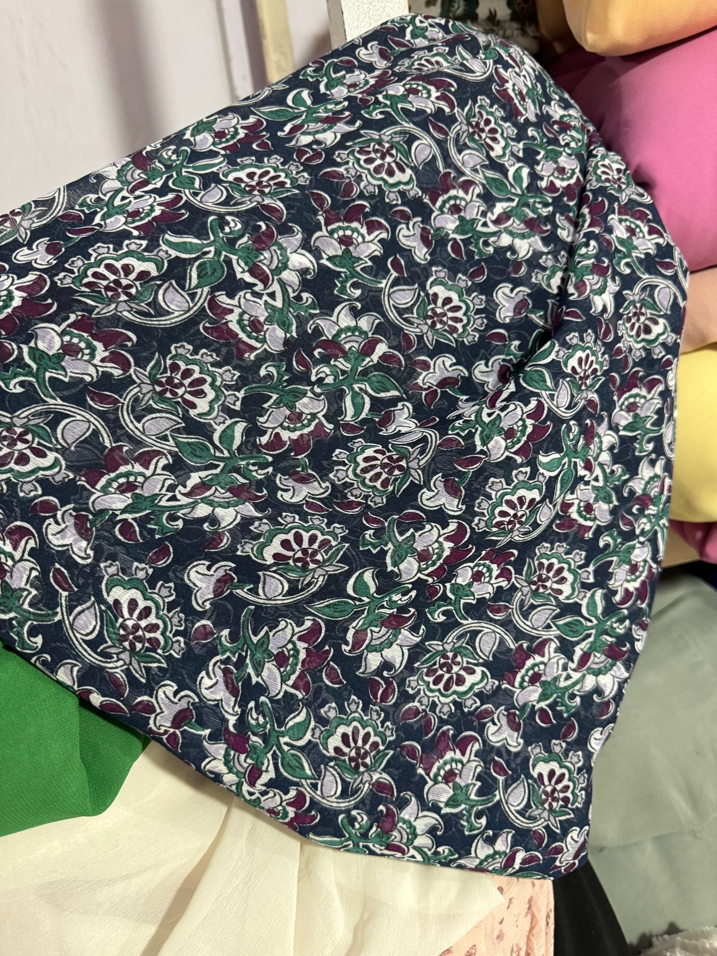 Buy Chiffon Boho Floral Dark Green Fabric - MAF
