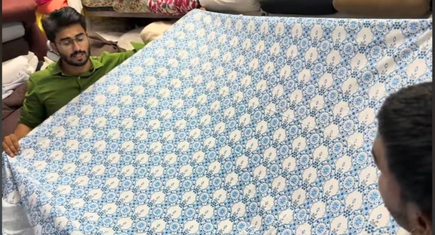Buy Poplin Blue Ogee Print Fabric
