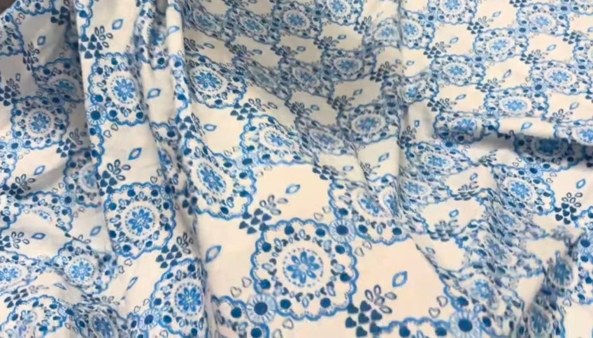 Buy Poplin Blue Ogee Print Fabric