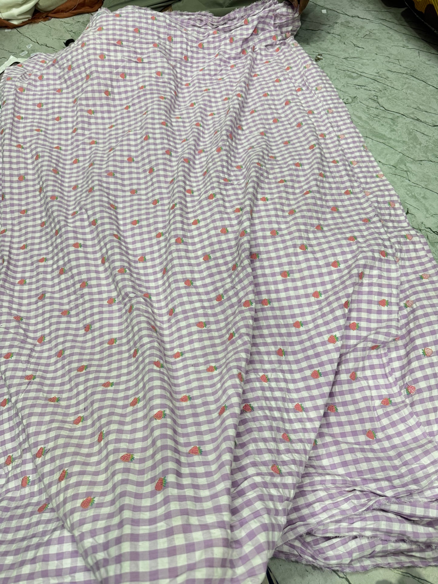 Buy Premium Cotton Lilac Seersucker Checks Strawberry Embroidery Fabric