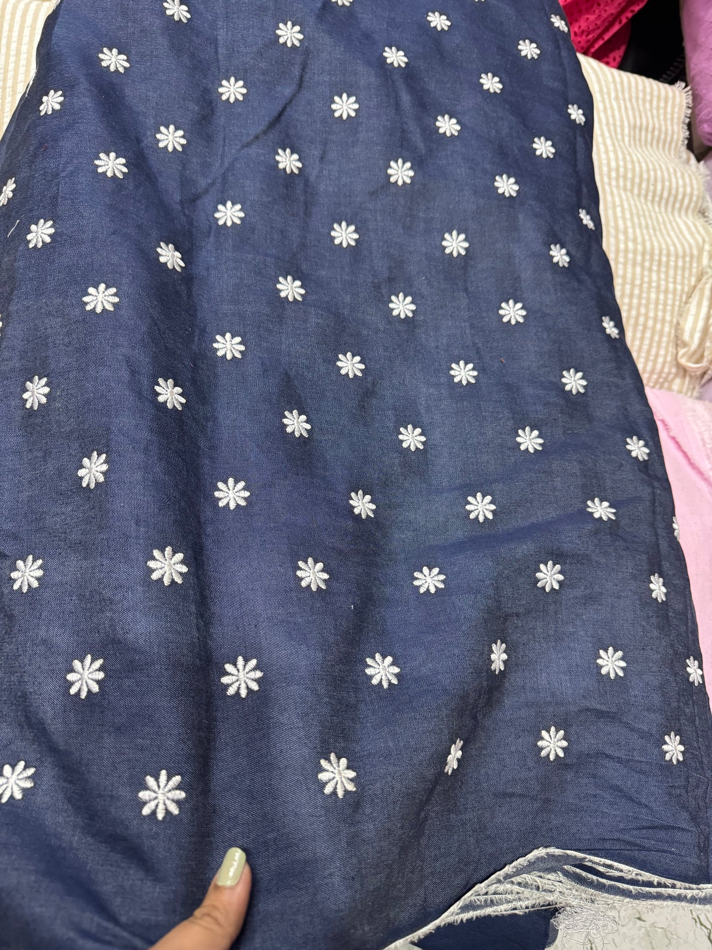 Buy Blue Denim Daisy Flower Embroidery Fabric