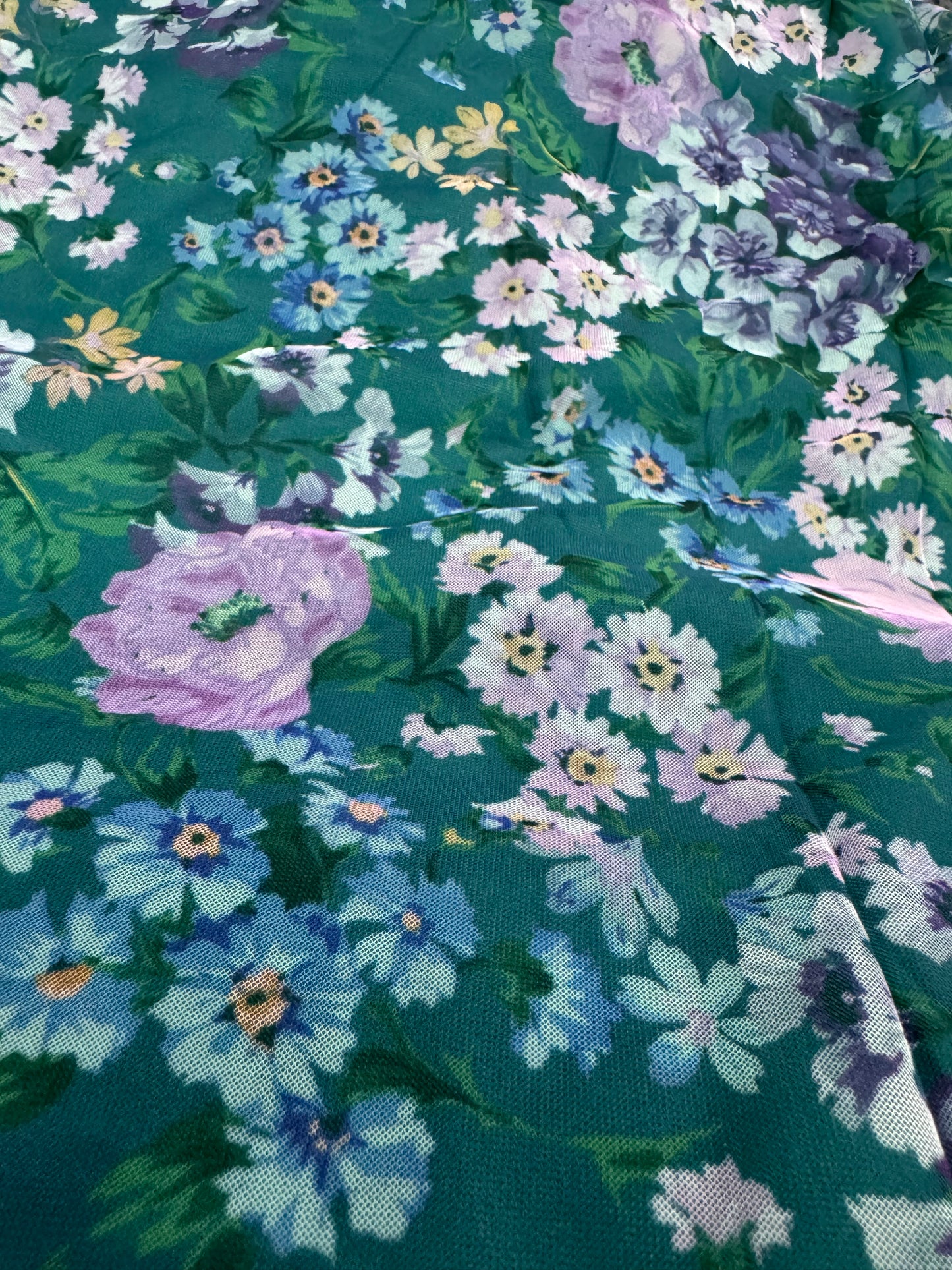 Buy Rose Sea Blue Printed Mesh Fabric