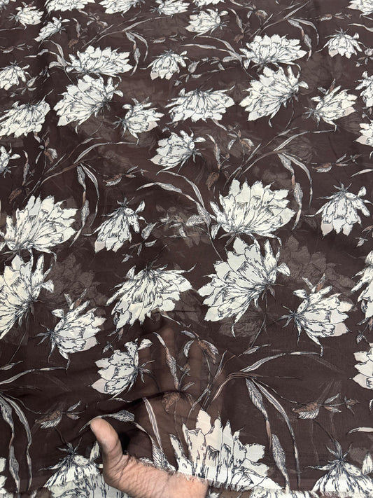 Buy Georgette Brown Base Nude Floral Printed Fabric