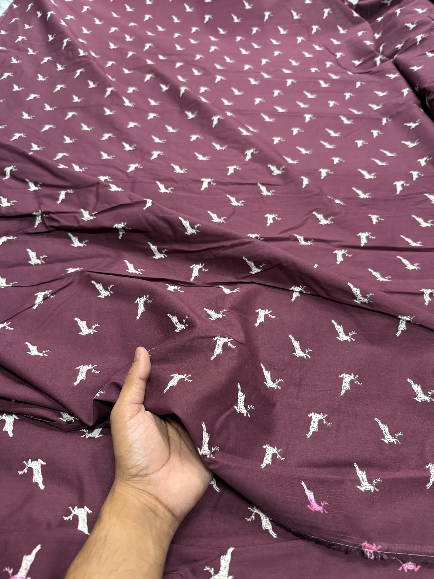 Buy Wine Poplin Reindeer Printed Fabric