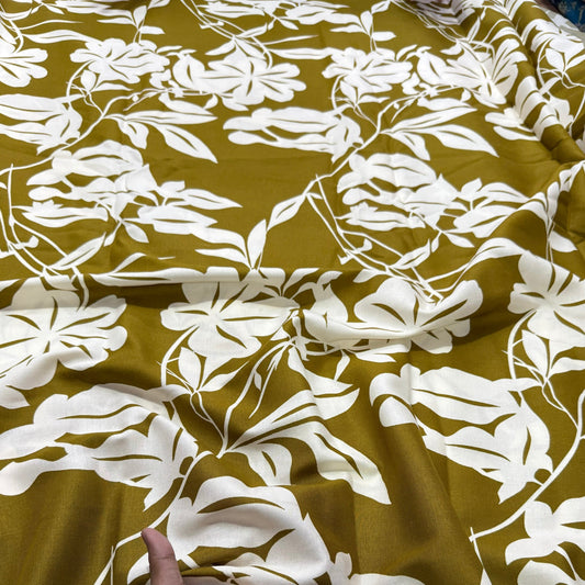 Buy Cotton Linen Olive Base Premium Flower Printed Fabric