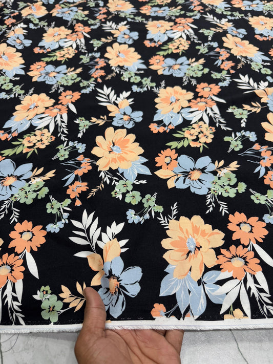 Buy Cotton Viscose Black Blue Floral Printed Fabric